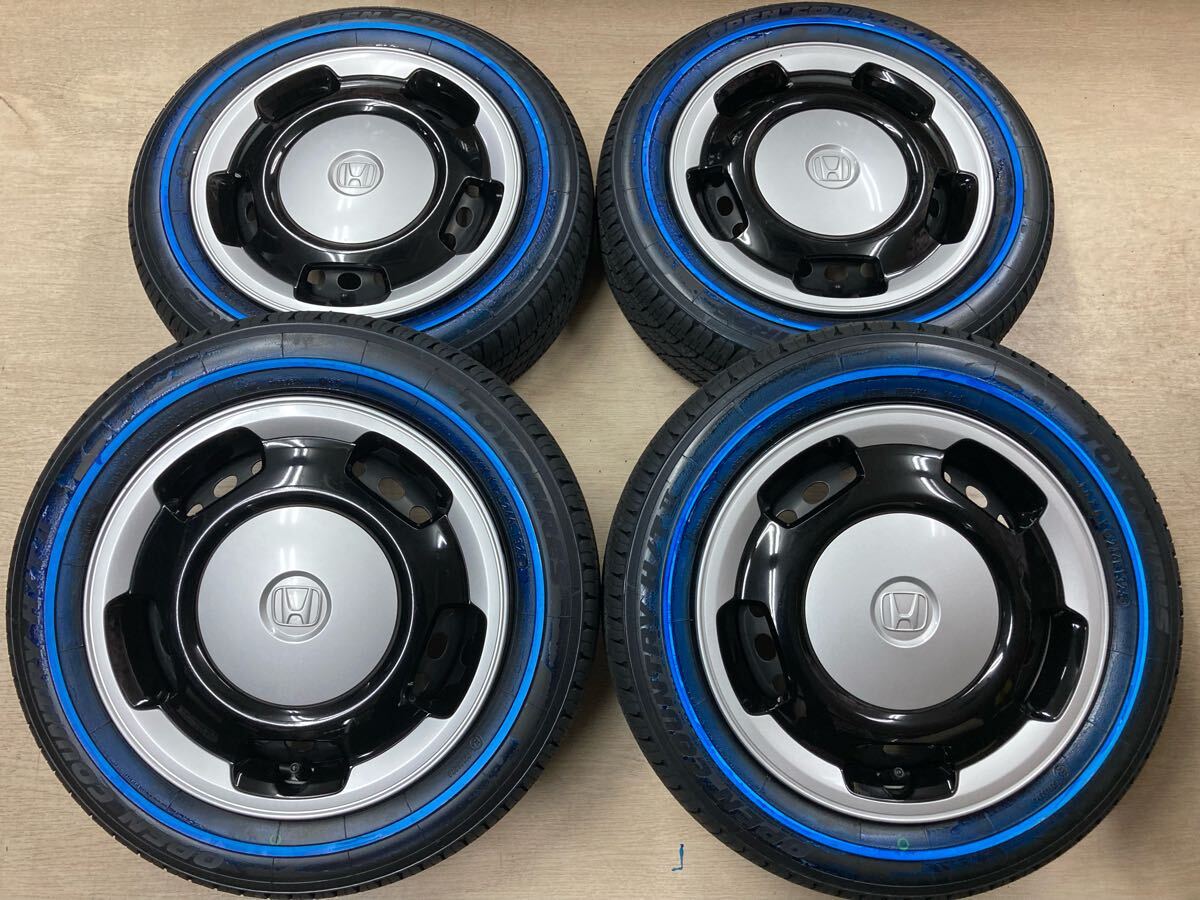 新品TOYOホワイトリボンタイヤ付き!!ホンダ N-WGN純正スチール!!4.5J 14in+40 4/100◆155/65R14 2025年製造!!N-ONE N-BOX N-WGN バモス等